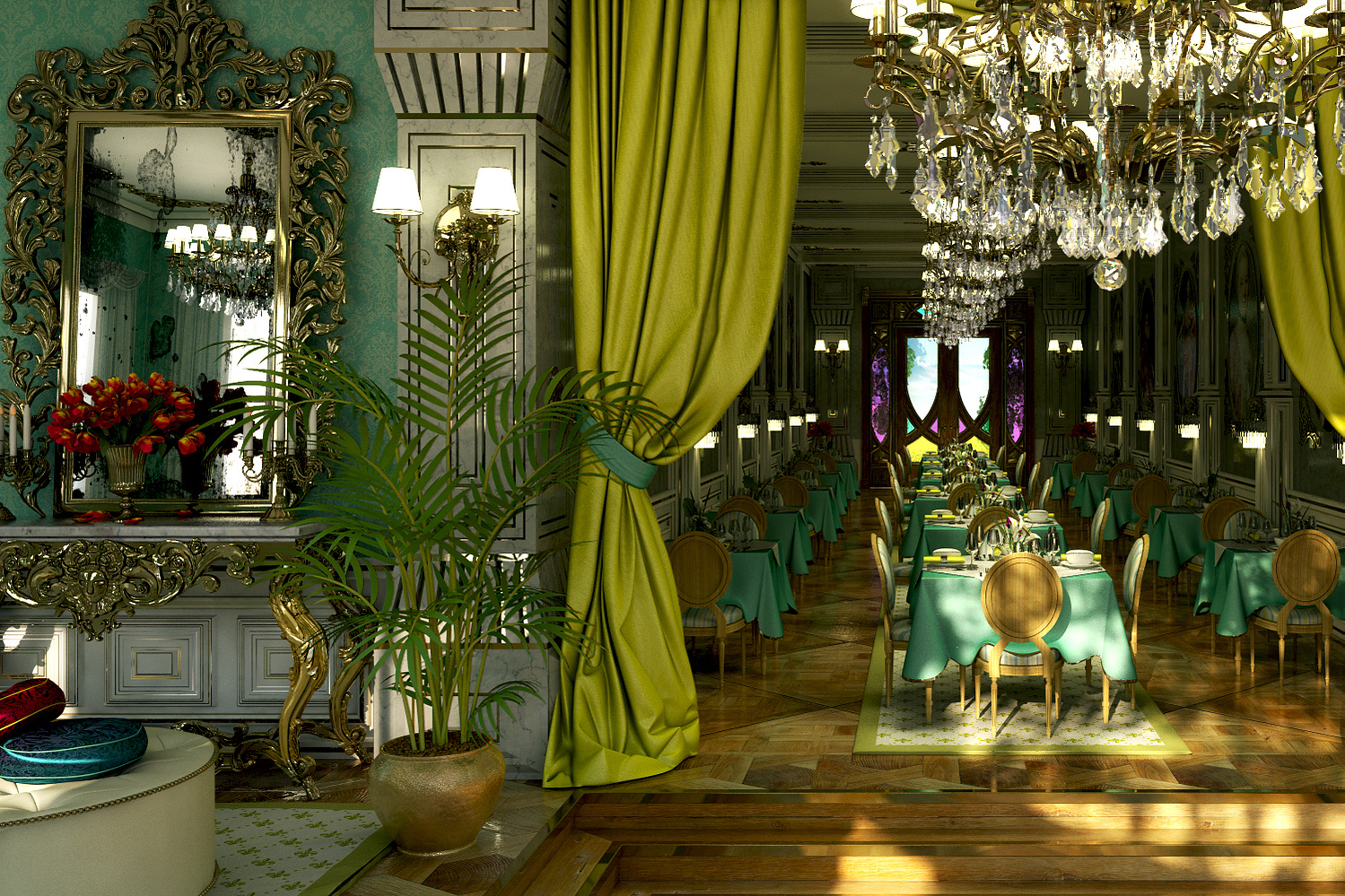 Salle de restaurant baroque, vue salle et boudoir, image de synthèse.