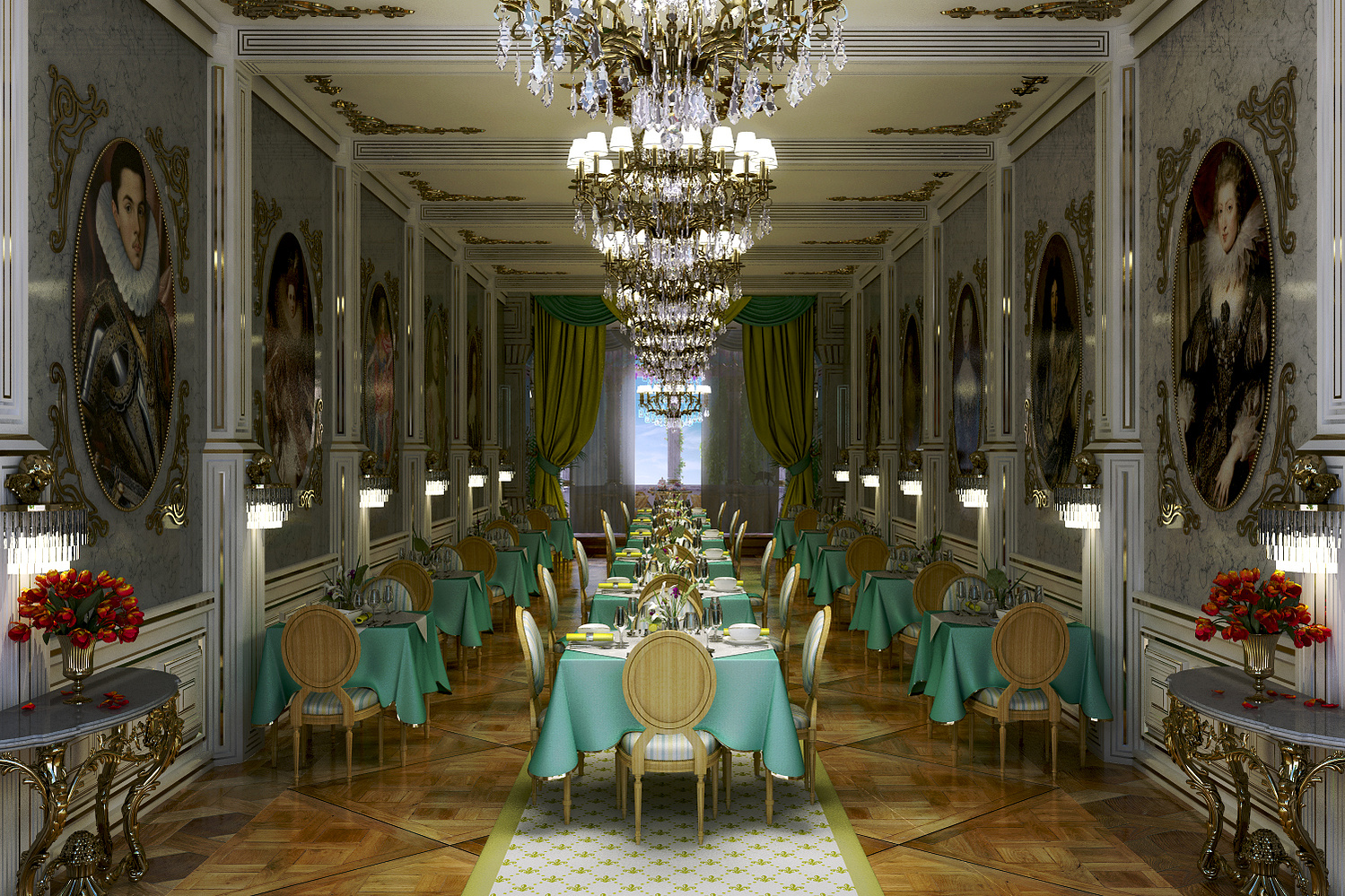 Salle de restaurant baroque, image de synthèse.