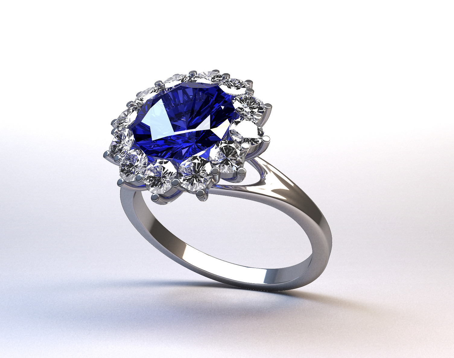 Image de synthèse d'une bague marquise, saphir et diamants.