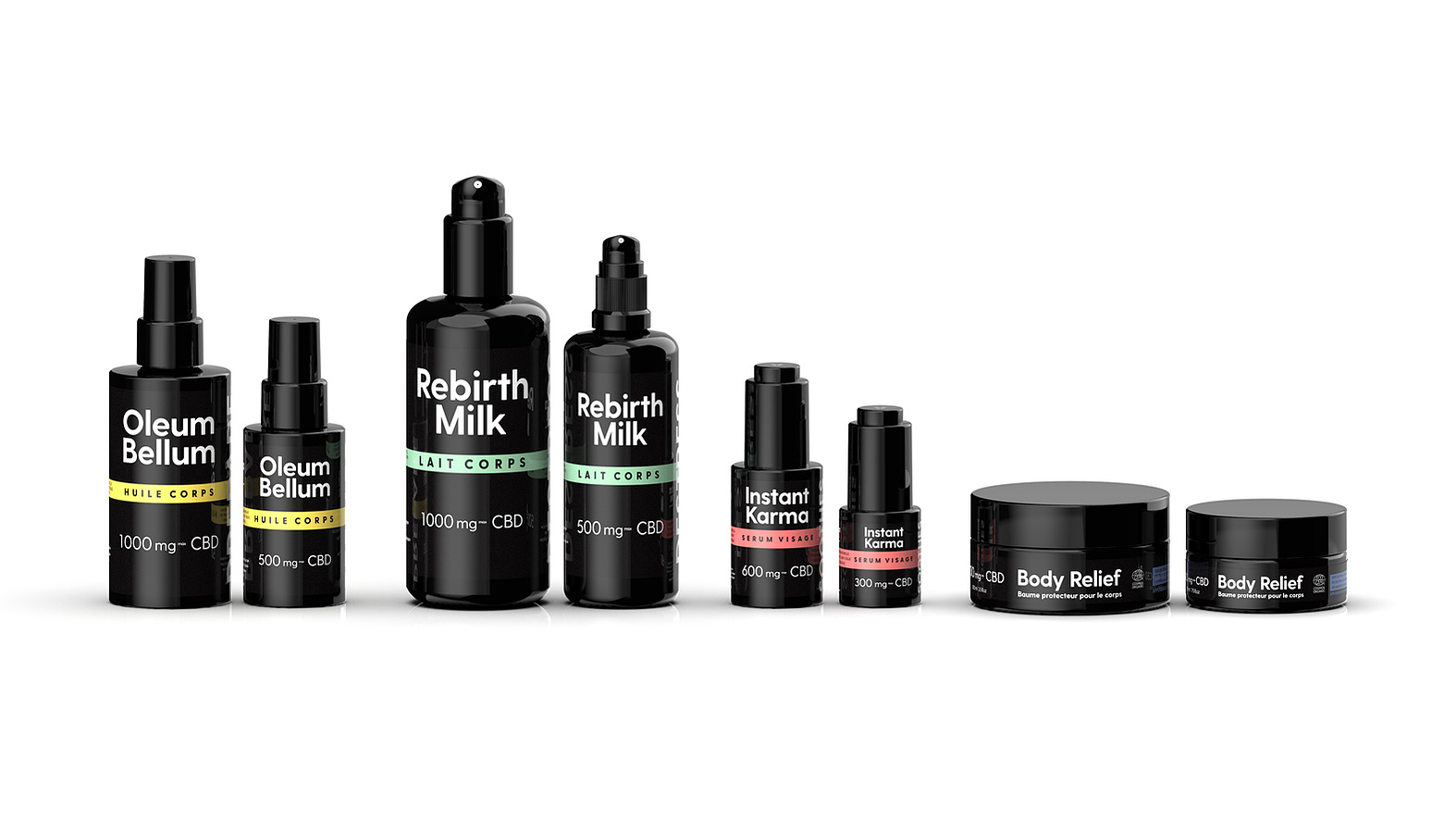 Image de synthèse d'une gamme complète de cosmétiques naturels au CBD.
