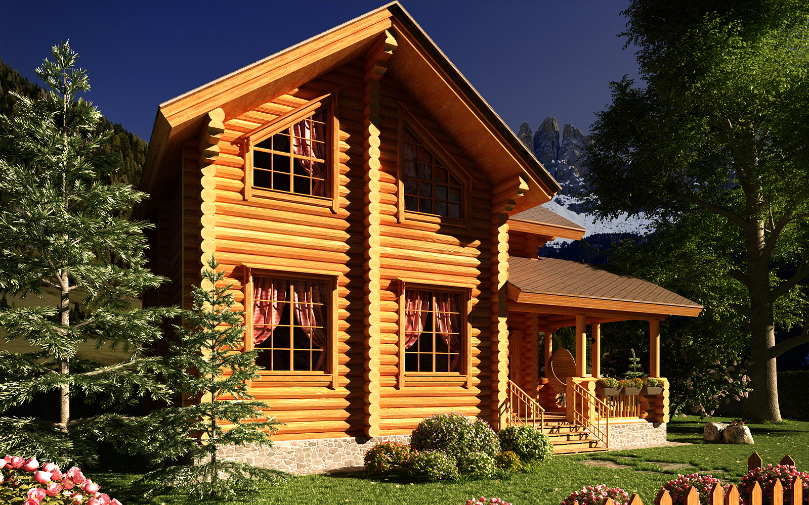Image de synthèse d'un chalet de montagne le jour.
