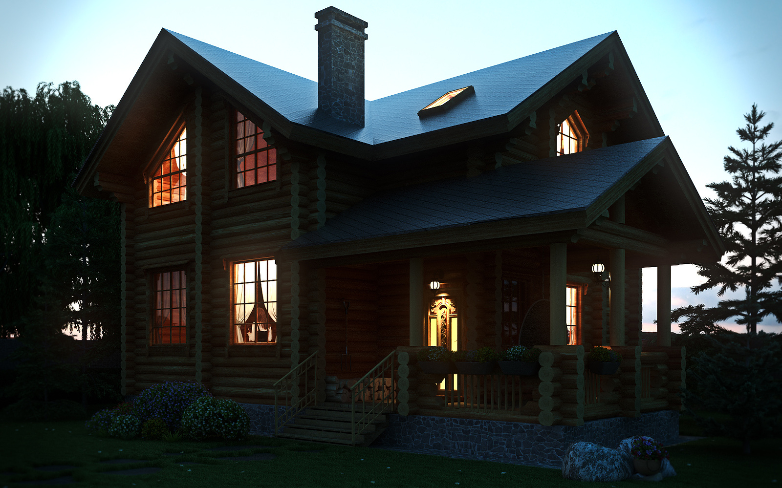 Image de synthèse d'un chalet de montagne au crépuscule.