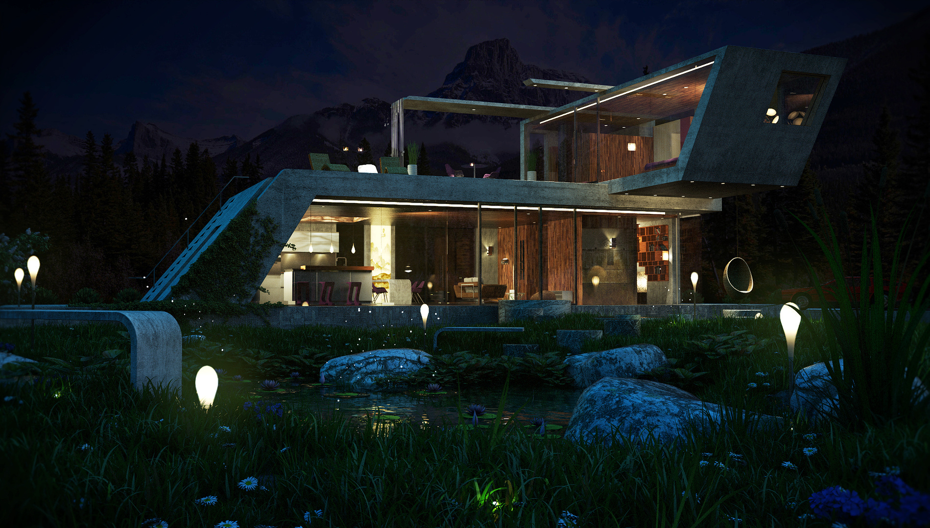 Image de synthèse d'une villa d'architecte à la montagne vue de nuit.