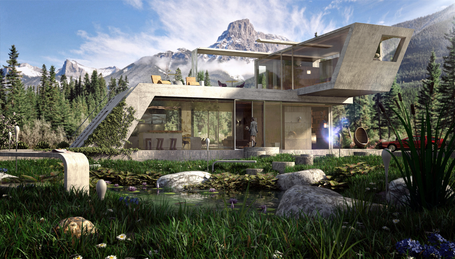 Image de synthèse d'une villa d'architecte à la montagne vue de jour.