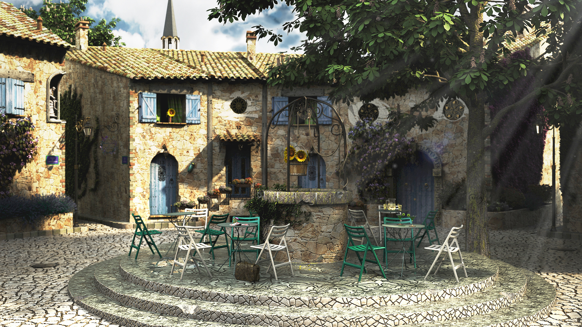 Image de synthèse d'un village provençal typique.