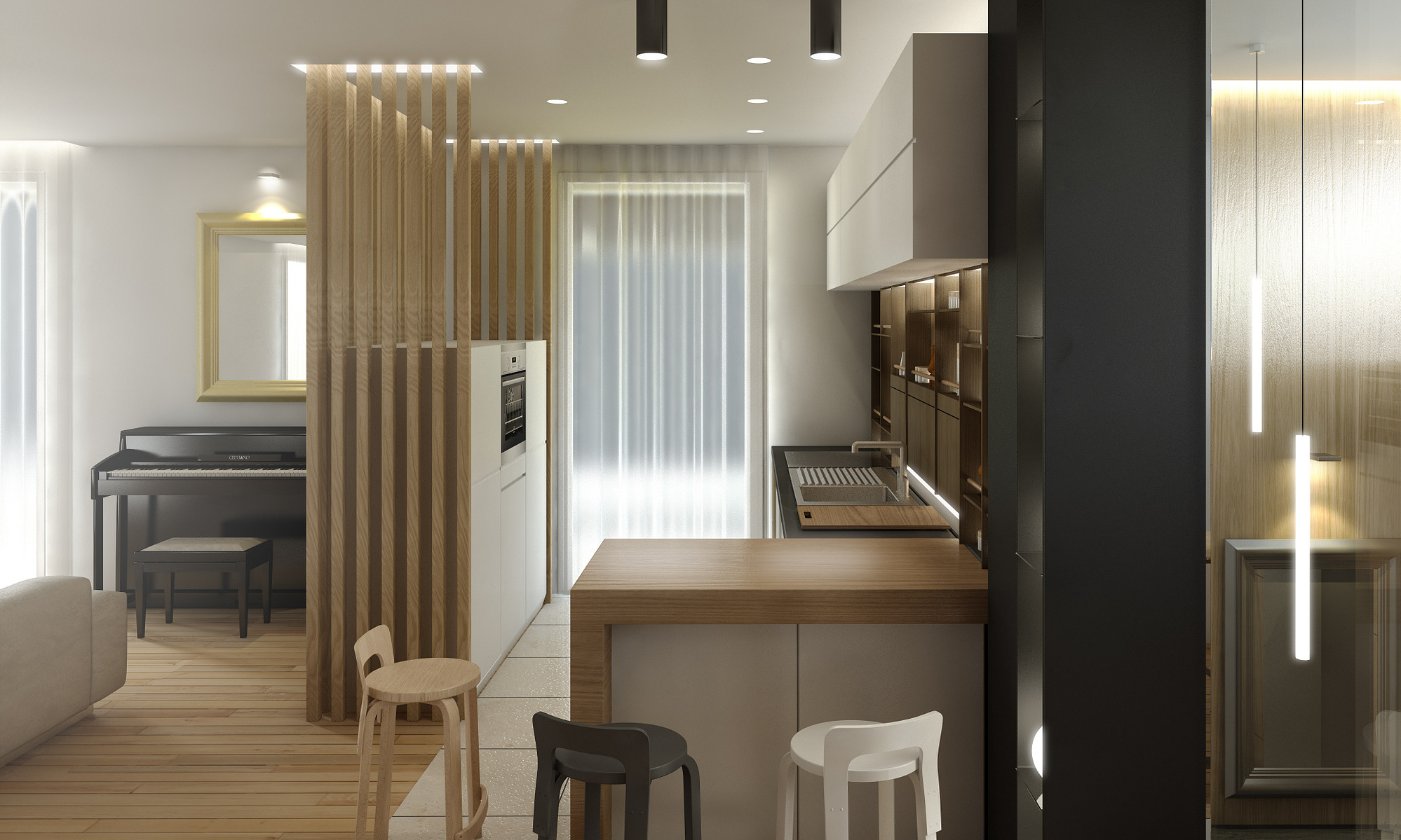 Intérieur de particulier avec mobilier contemporain, image de synthèse.