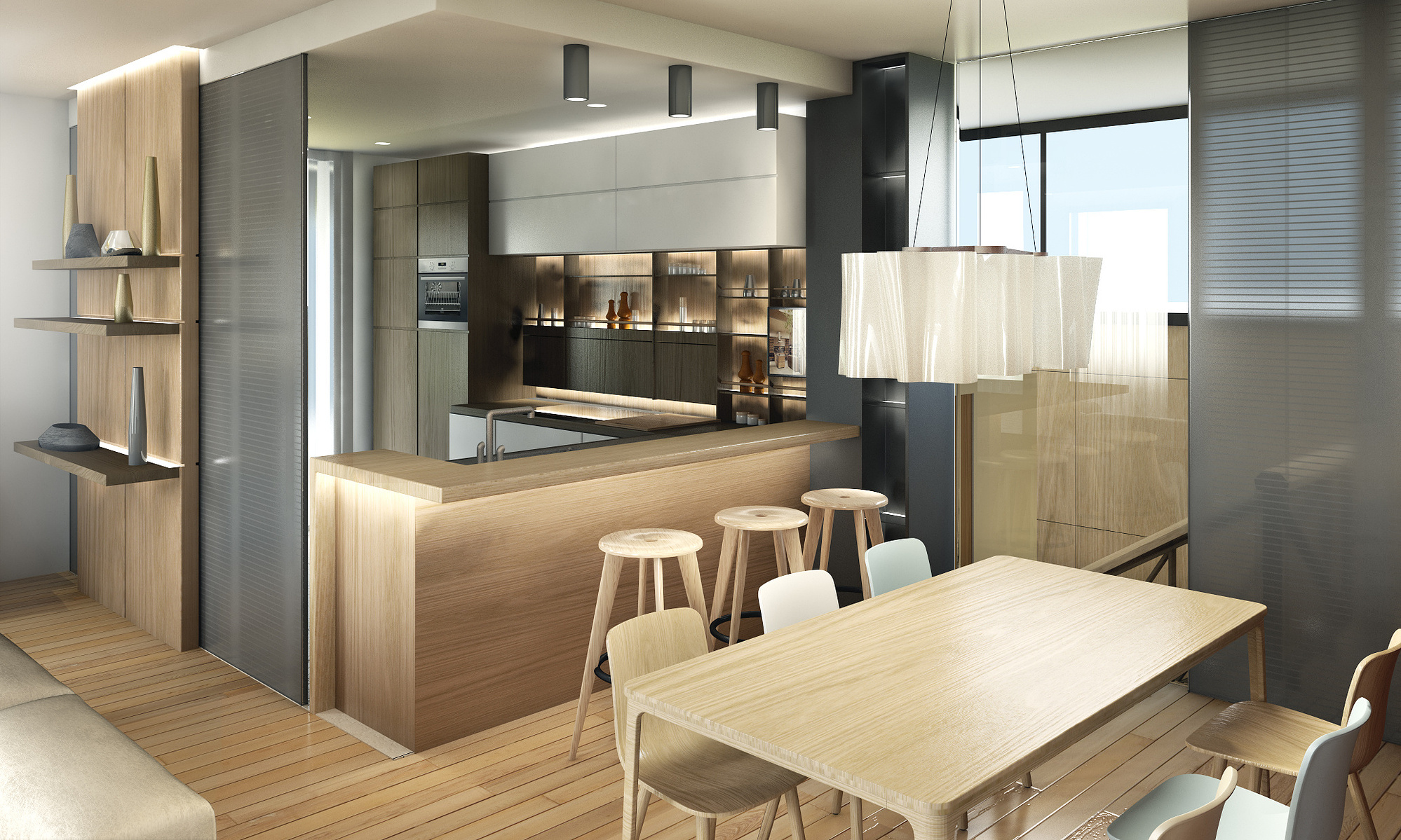 cuisine/salle à manger de particulier avec mobilier contemporain, image de synthèse.