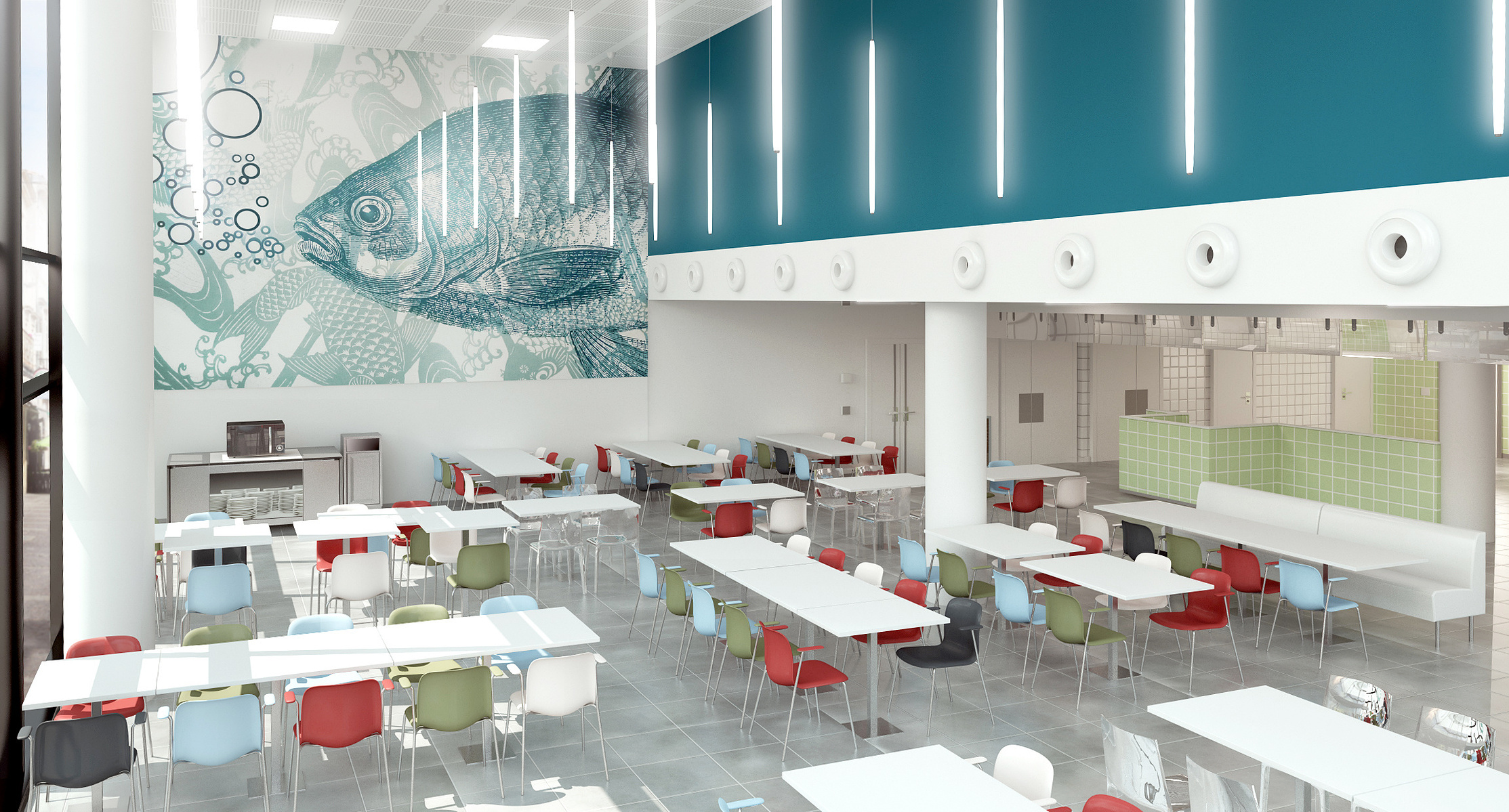 Image de synthèse de l'aménagement de l'espace cafétéria du CHU de Bordeaux.