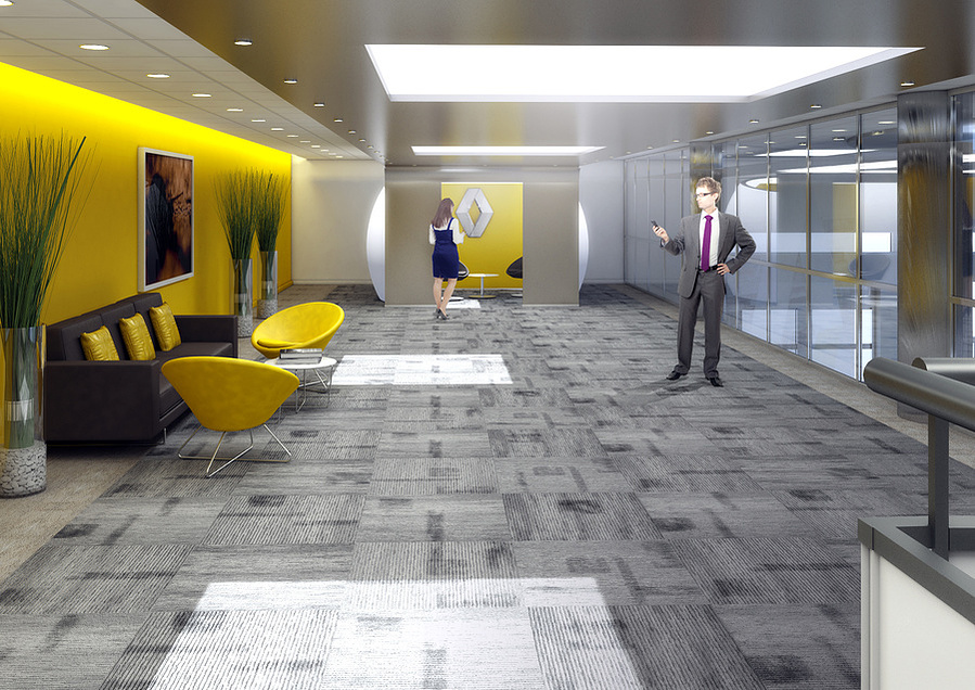 Image de synthèse de l'aménagement de la mezzanine du hall d'entrée de l'espace Renault.