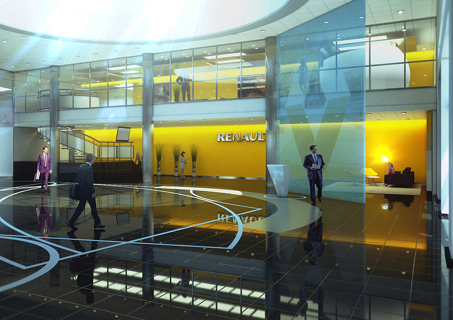 Image de synthèse de l'aménagement du hall d'entrée de l'espace Renault.