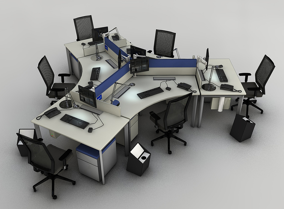 Image de synthèse d'un poste de travail tulipe ILAND 6 pôles.