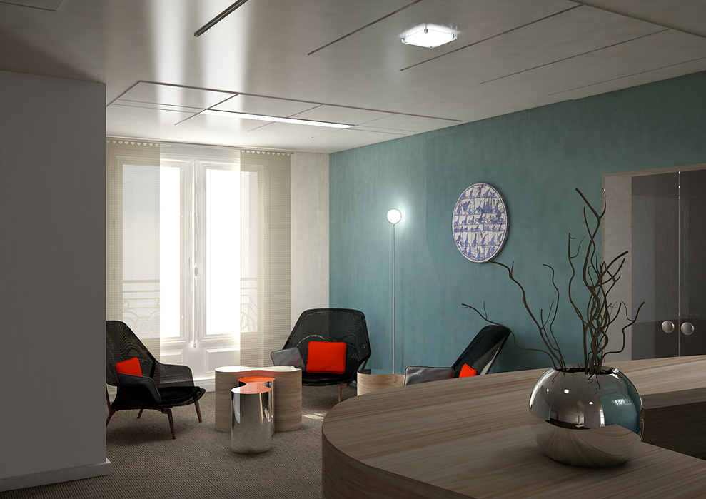 Espace d'accueil des bureaux ATK, image de synthèse.