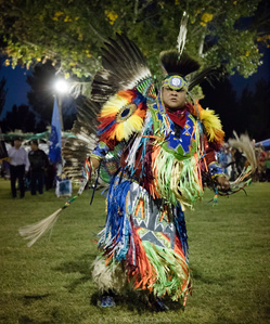 A Bishop Paiute Tribe member dances in the Bishop Pabanamanina Pow Wow.