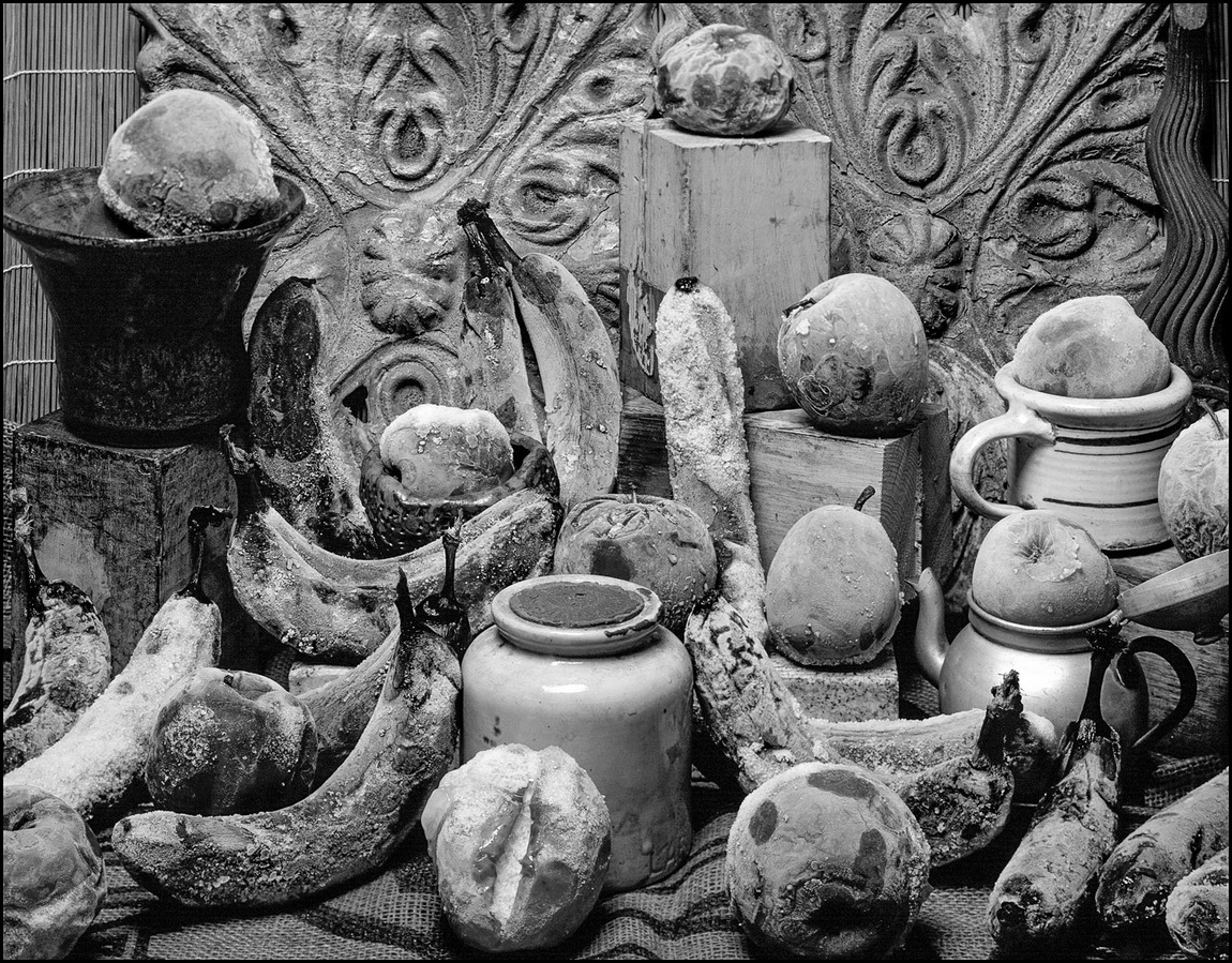 Still life of thawing fruit and other objects. A more traditionally-composed still life, with frozen but thawing fruit and other objects arranged on a table top.