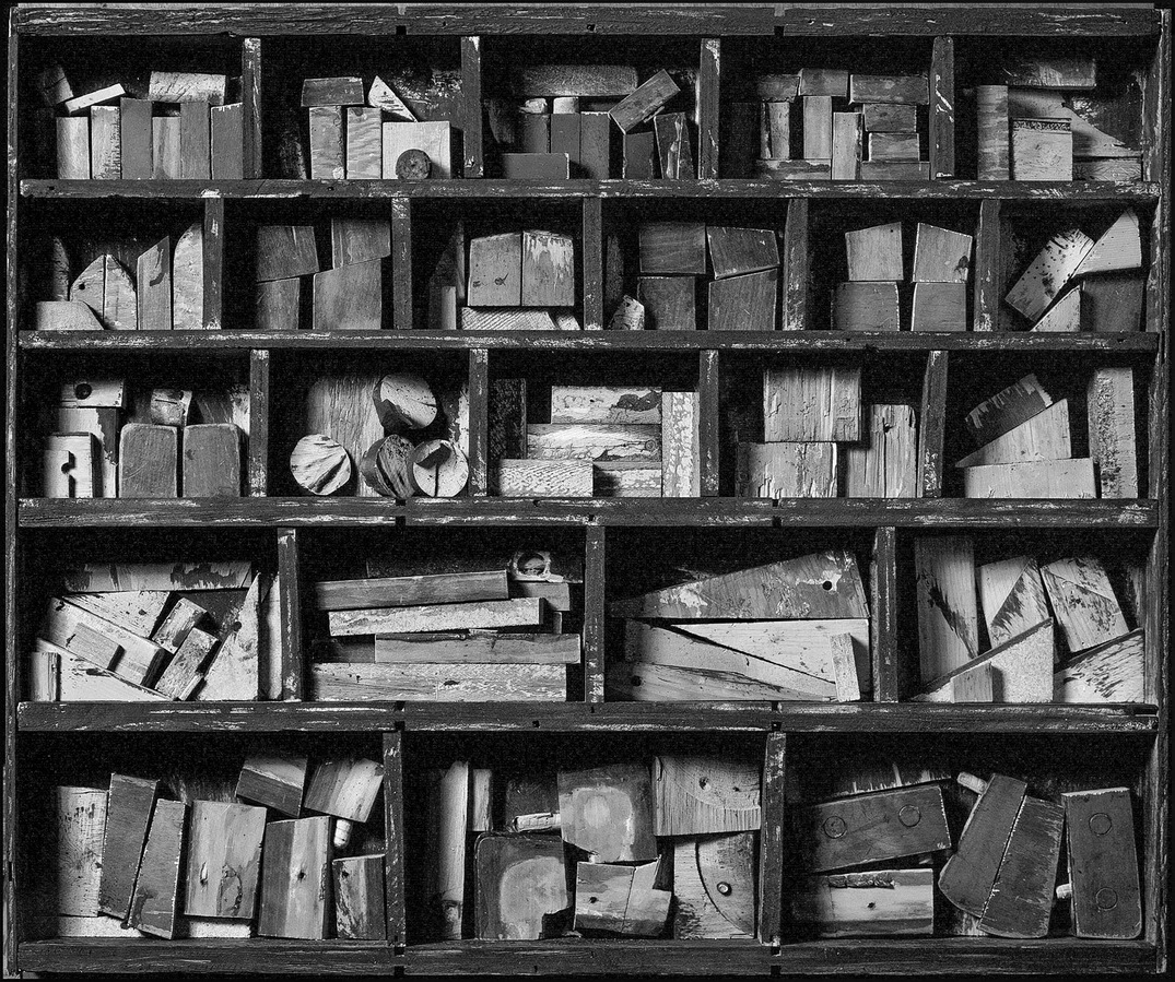 Still life of various objects arranged in a compartmented shelf or box.