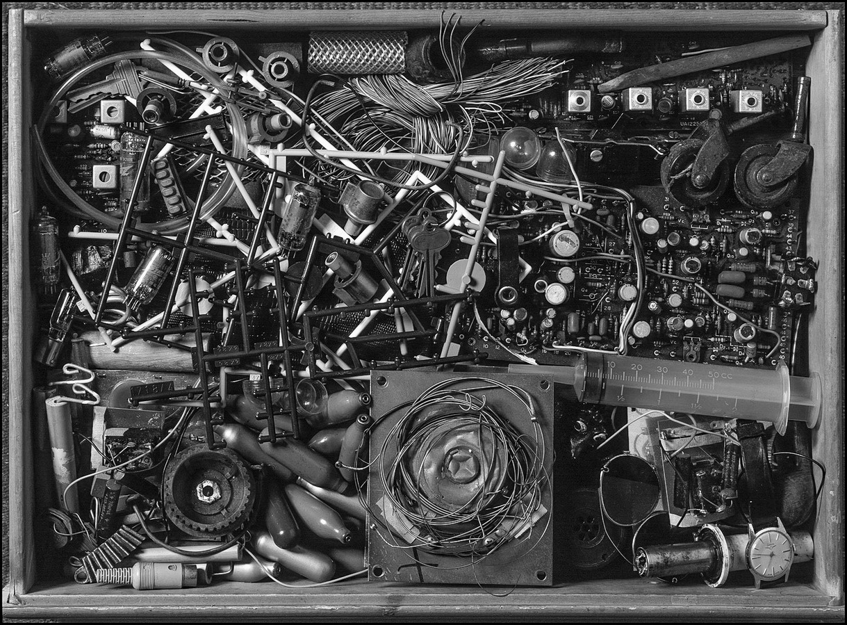 Still life of various objects arranged in a box.