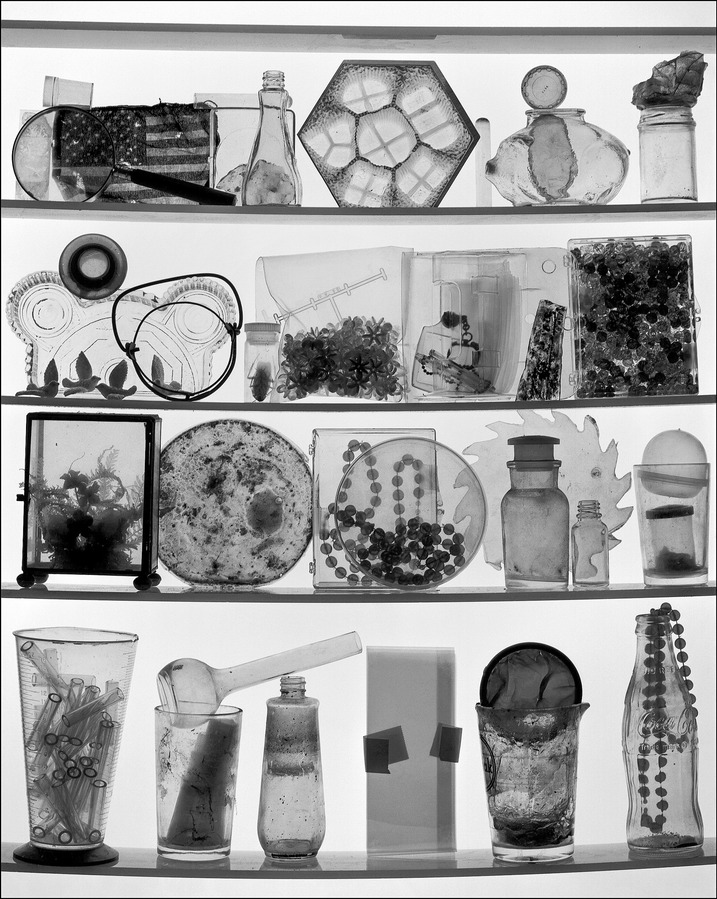 Still life of various objects arranged on the shelves of a light box.