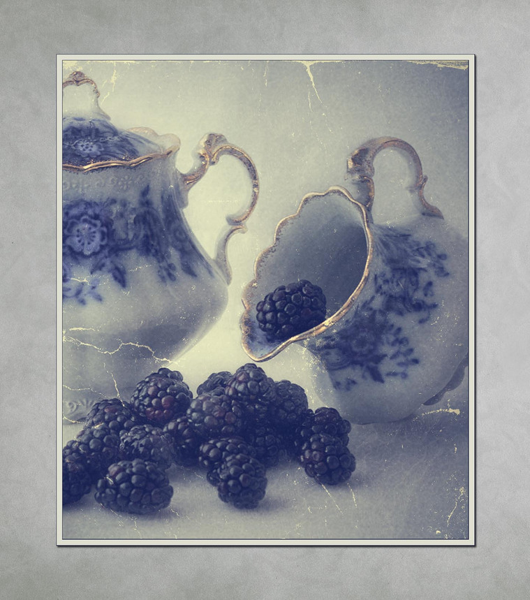 Flow blue porcelain still life with blackberries.