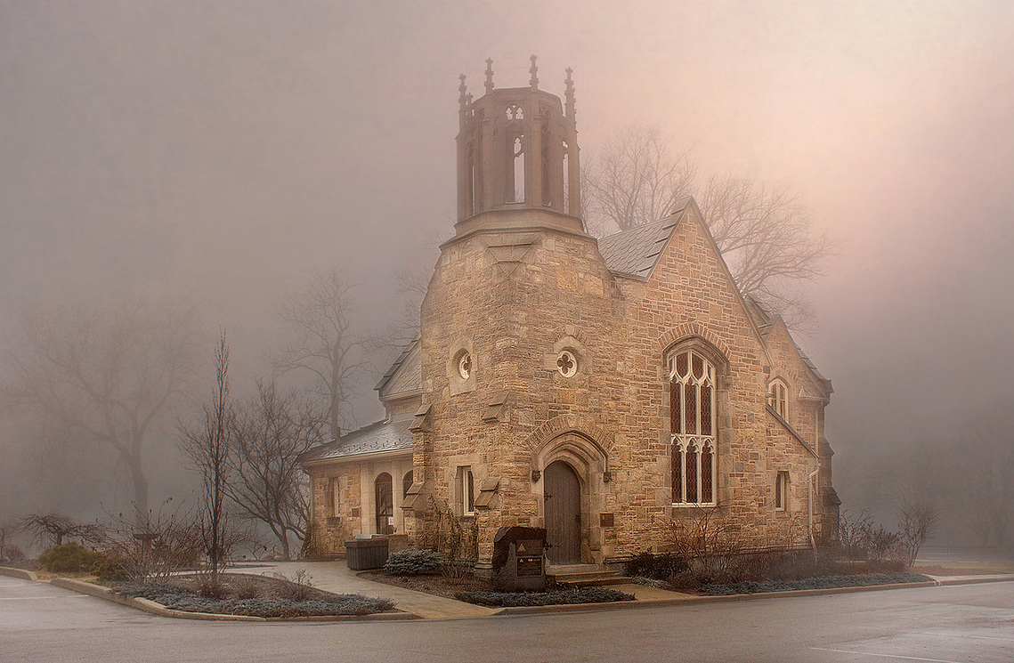 The chapel on a foggy day in Hamilton Cemetery, Ontario. 