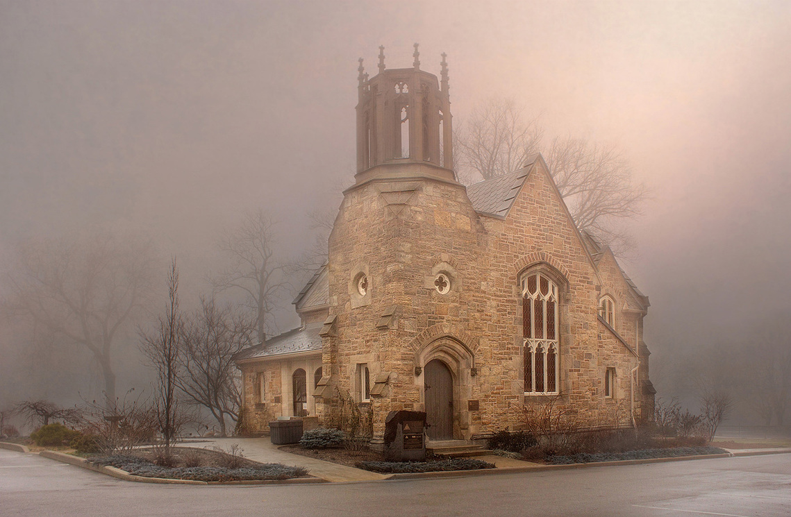 The chapel on a foggy day in Hamilton Cemetery, Ontario. 