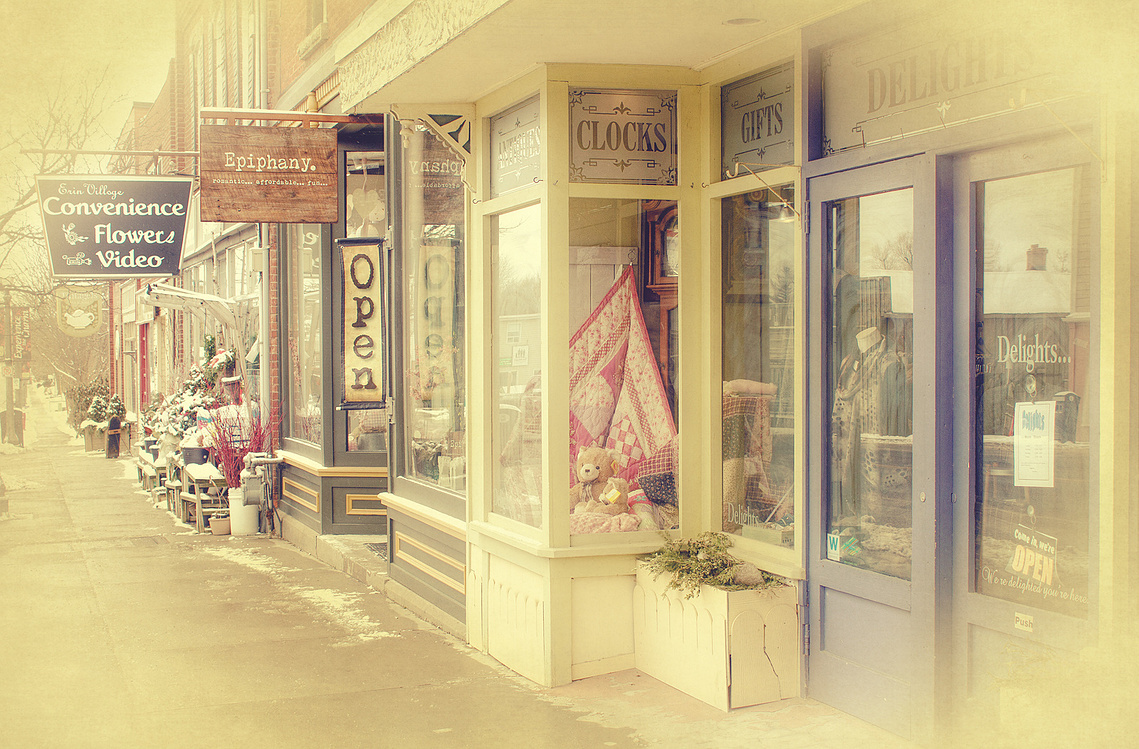 A view of shops during winter in Erin, Ontario