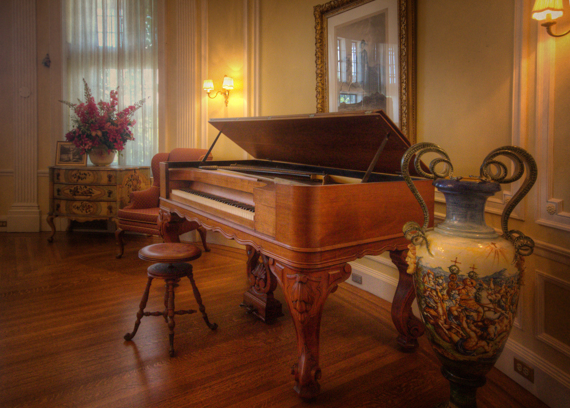 The piano in the Round Room of Casa Loma in Toronto, Ontario