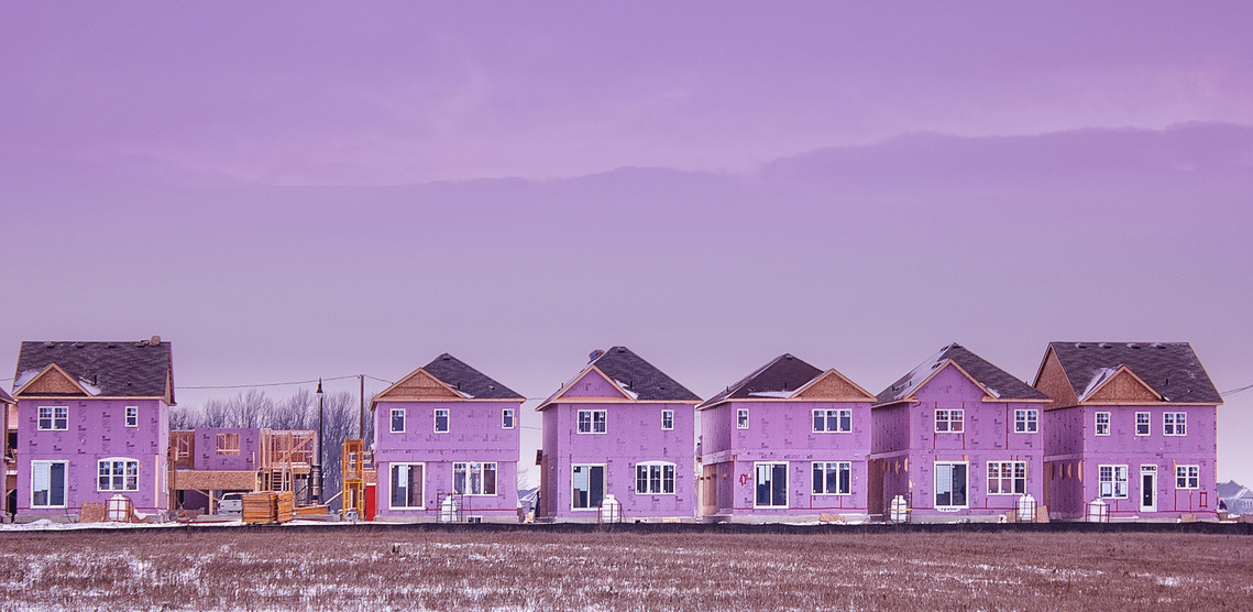 Houses during construction with purple insulation in Brampton, Ontario.