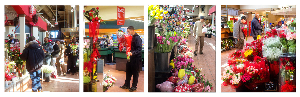 Men buying flowers on Valentine's Day.