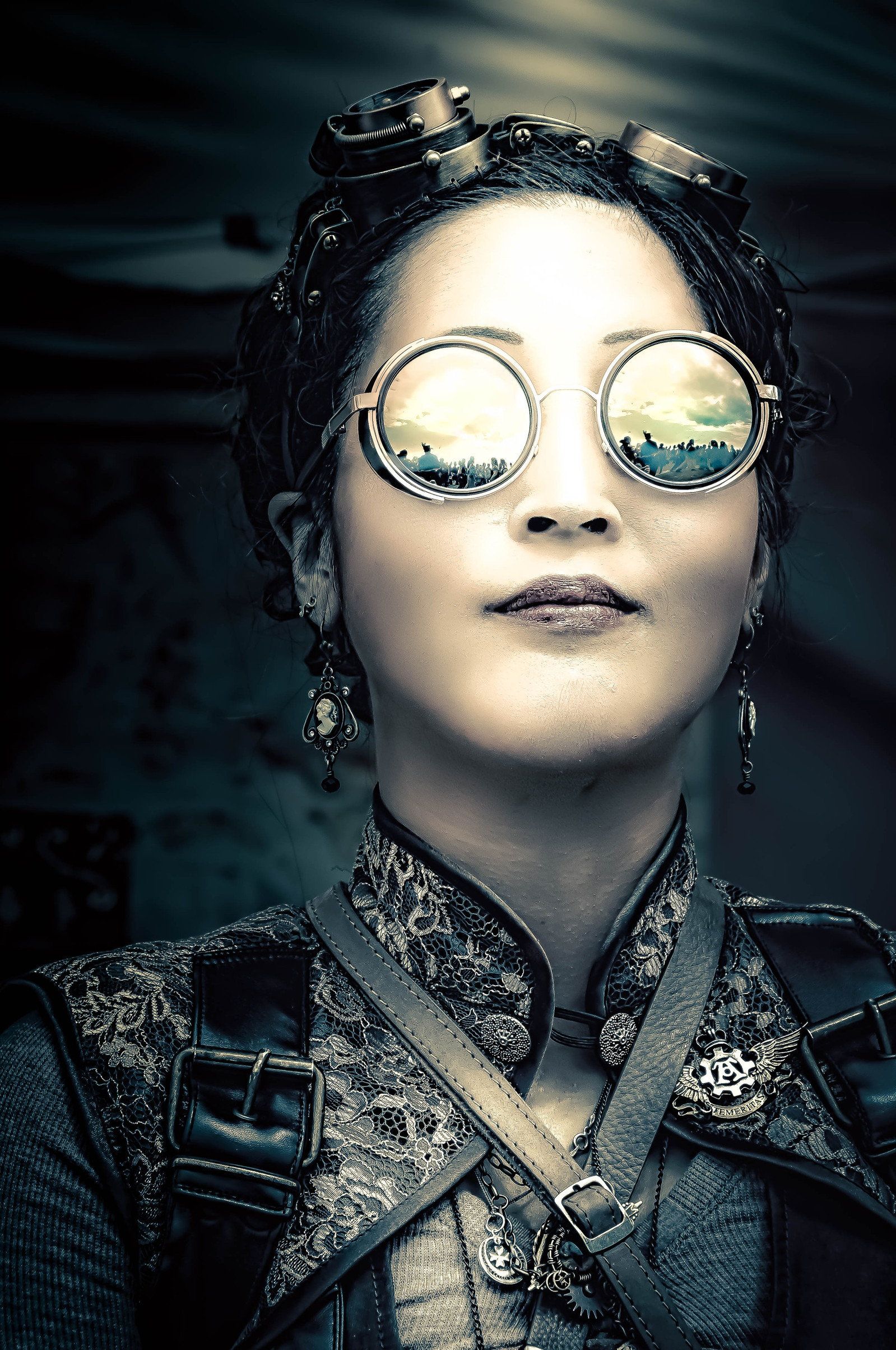 steampunk, blue, green, glasses, woman, wearing mirror glasses