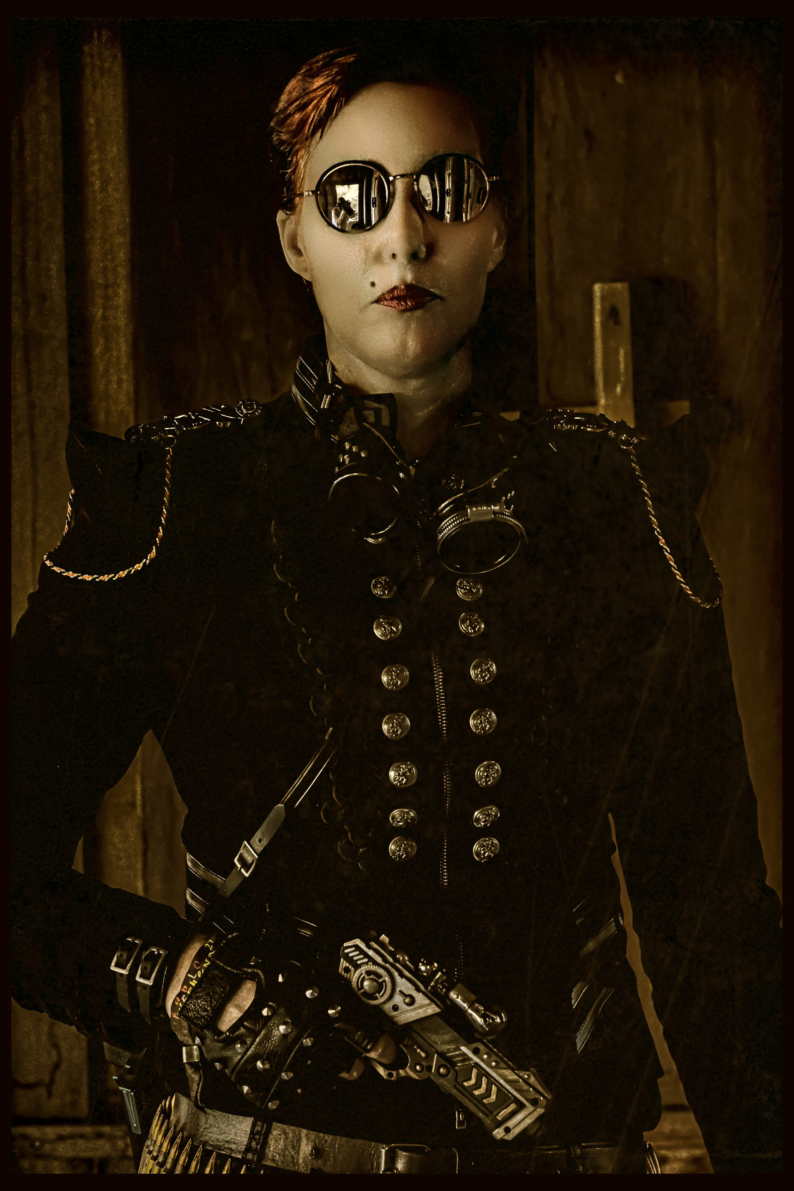 Dieselpunk officer, dark black brown, gun in hand, wearing mirror glasses
