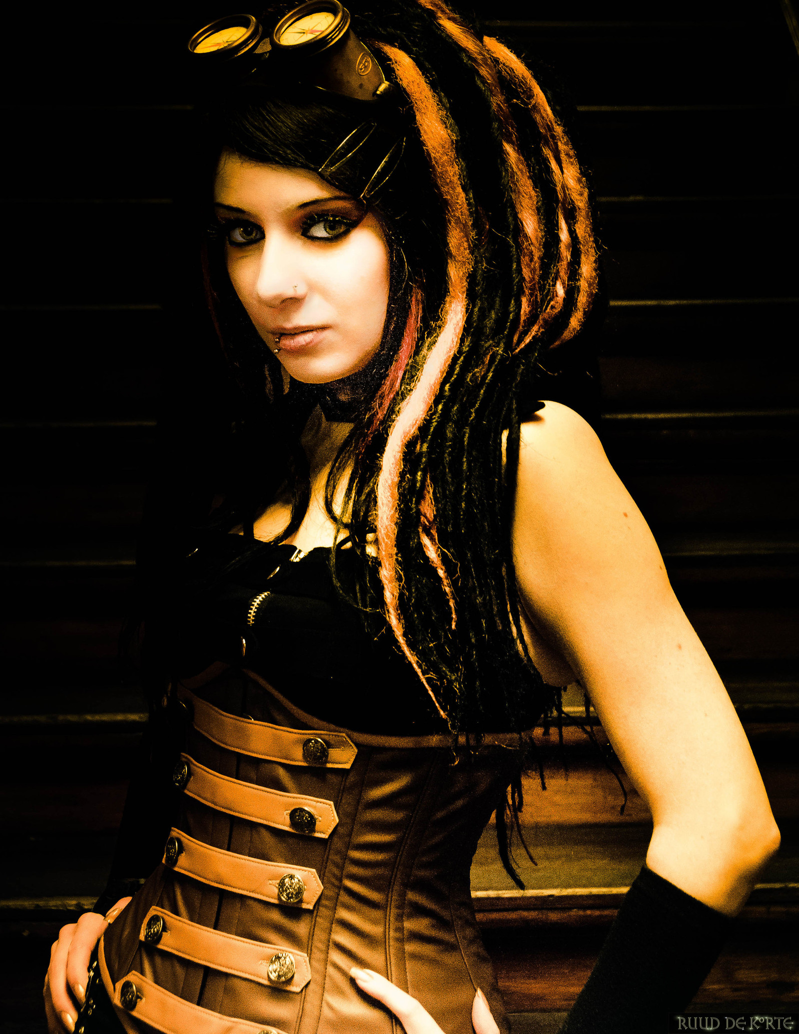 Steampunk, dreads, stairs, female, woman