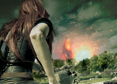Constance Bashford firing a weapon, explosion impact in background