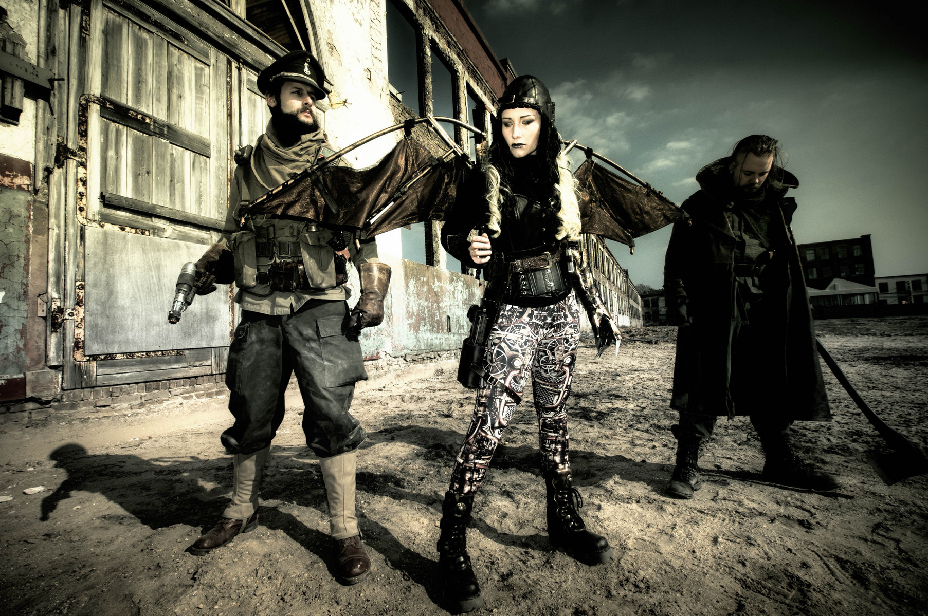 Dieselpunk, winged womand and two militair guys