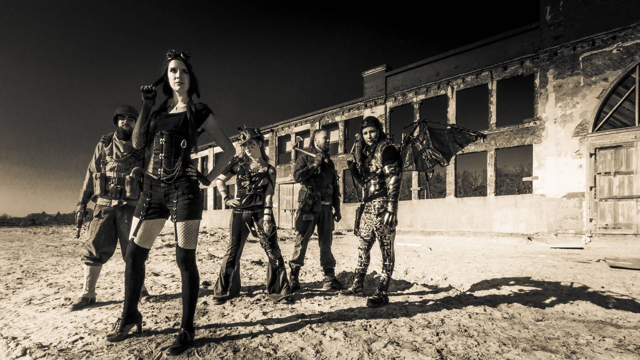 Dieselpunk, female militair, attractive three standing on a distance posing