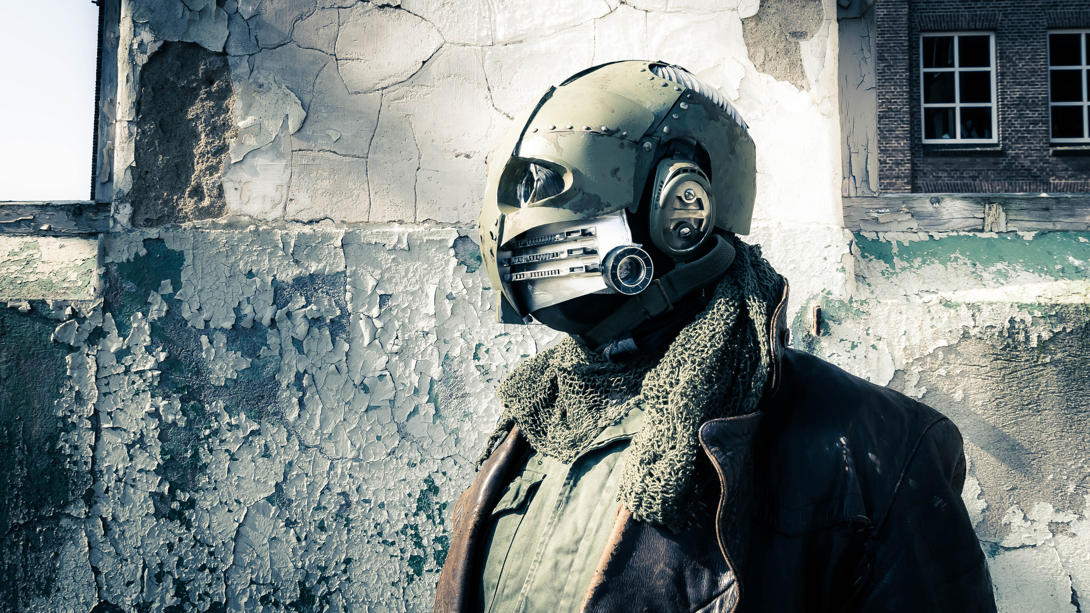 Dieselpunk, masked futurisic man, bluish, portrait