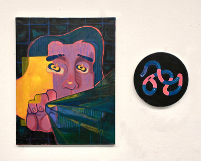 This diptych focuses on my partner’s experiences growing up as gender
nonbinary and the struggles they faced being misunderstood by their family.
Both panels are tied together by their floating compositions and themes of
alienation and exposure.