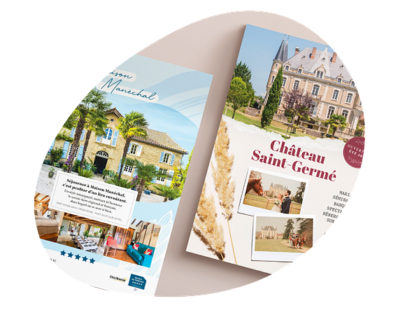 Graphisme et mise en page pour des flyers et insertions presse pour des hébergements.