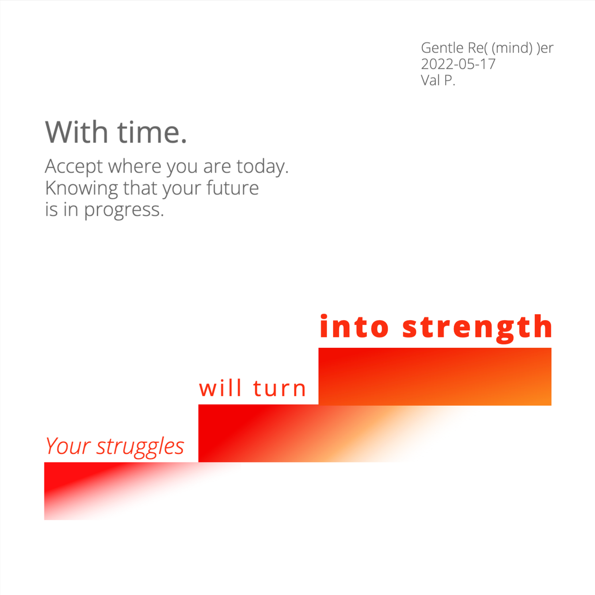 Your struggles will turn into strength with time. Accept where you are today. Knowing that your future is in progress.