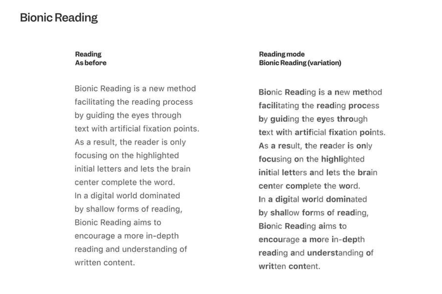 Comparison of regular text versus text with bionic reading API applied.