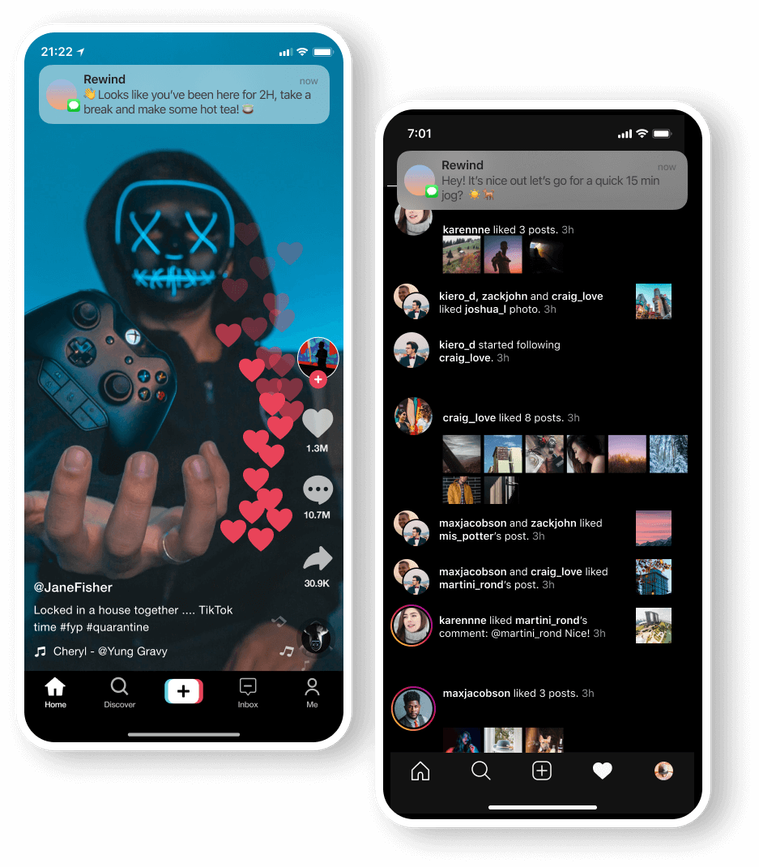 Two UX and UI design demo screens showing how the personalized text message design feature of Rewind would work. It provides self-care reminders to users when excessive digital usage is detected since it's synced to iOS Screen Time.
