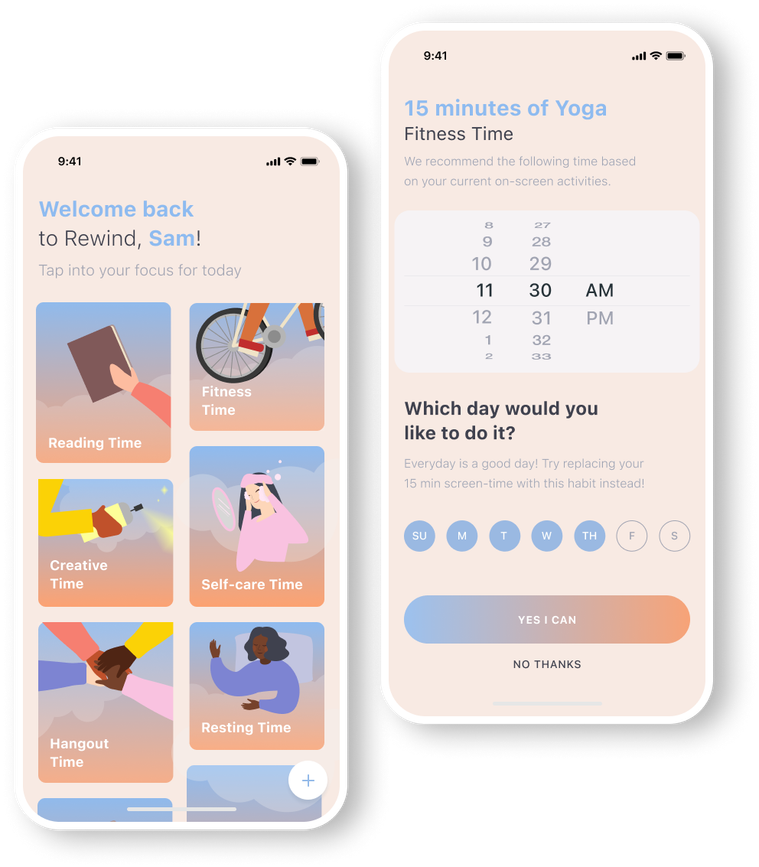 Two UX and UI design demo screens on the left showing how a user's custom dashboard looks like after creating their vision board within the app. The right screen shows how it looks like to set up and schedule a specific off-screen activity on the app.