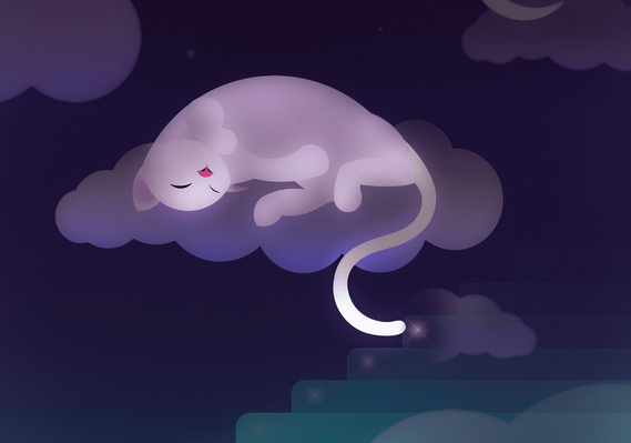 Illustration of cat sleeping soundly while exiting web browser windows with its tail as a metaphor of how closing our tabs and helps us sleep with a clear and calm mind.
