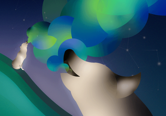 Illustration of two wolves howling together to form the illusion of the Northern Lights as a metaphor of how texting should be done with intent of having a conversation to connect our thoughts.