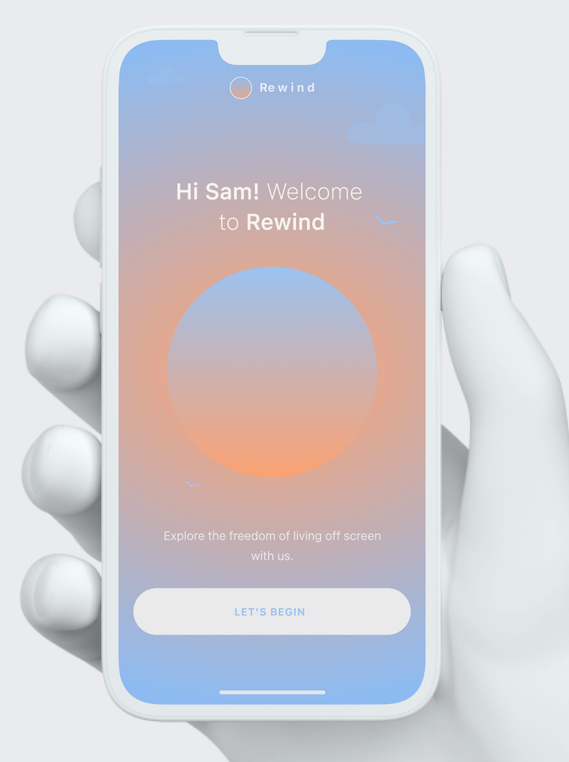 A 3D mock up design of the Welcome screen of Rewind app designed by Val Poon with the CTA button.