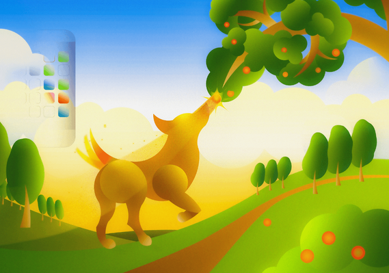 Illustration of a dog wagging its tail roaming on a meadow and smelling fruits on a tree  as a metaphor of how stimulation exists outside of our screens.