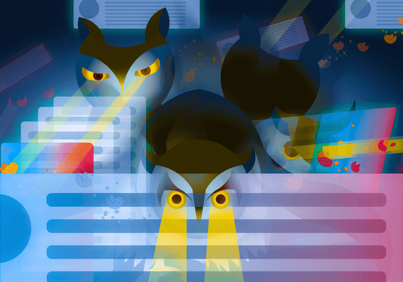 Illustration of an owl quietly scanning online media through a 360 view as a metaphor of how not being quick to react to fake news and leaving them alone is the best way to prevent them from fooling you.