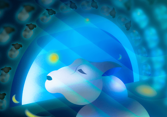 Illustration of a sheep not sleeping soundly with lots of overthinking running in its mind as a metaphor of how scrolling on our phones at night leaves to anxious thinking.