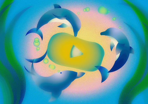 Illustration of three dolphins playing with a video bubble as a metaphor of how turning video, TV and movie browsing into a social gathering can help reinforce it as a leisure and entertainment activity while pacing our consumption together. 
