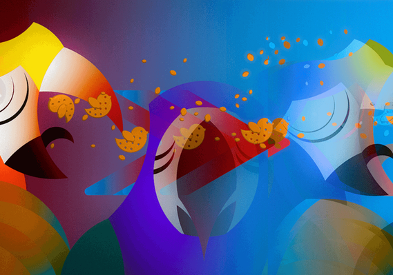 Illustration of 3 parrots passing around rumors in a loop like a game of Broken Telephone as a metaphor how easy it is to spread and surround yourself with fake news online.
