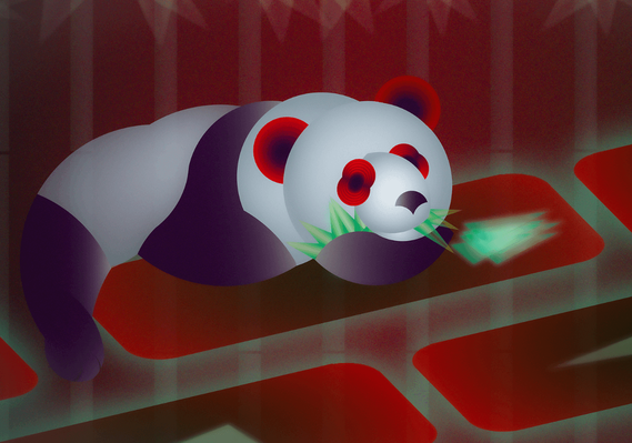 Illustration of a panda stuck in a conveyor belt of video content as a metaphor how easy it is to over consume content making us experience fatigue rather than feeling more relaxed.